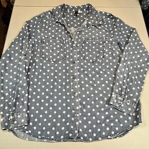 KUT FROM THE KLOTH polka dot chambray roll tab sleeve button up top chambray Lg